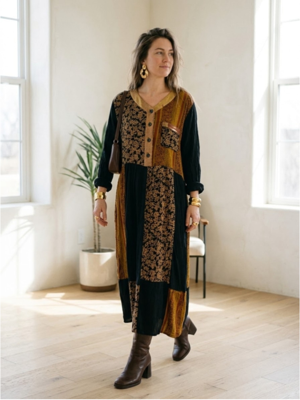 Vintage 90s Silhouettes Boho Patchwork Maxi Dress 1X Whimsigoth Earth Tonne.